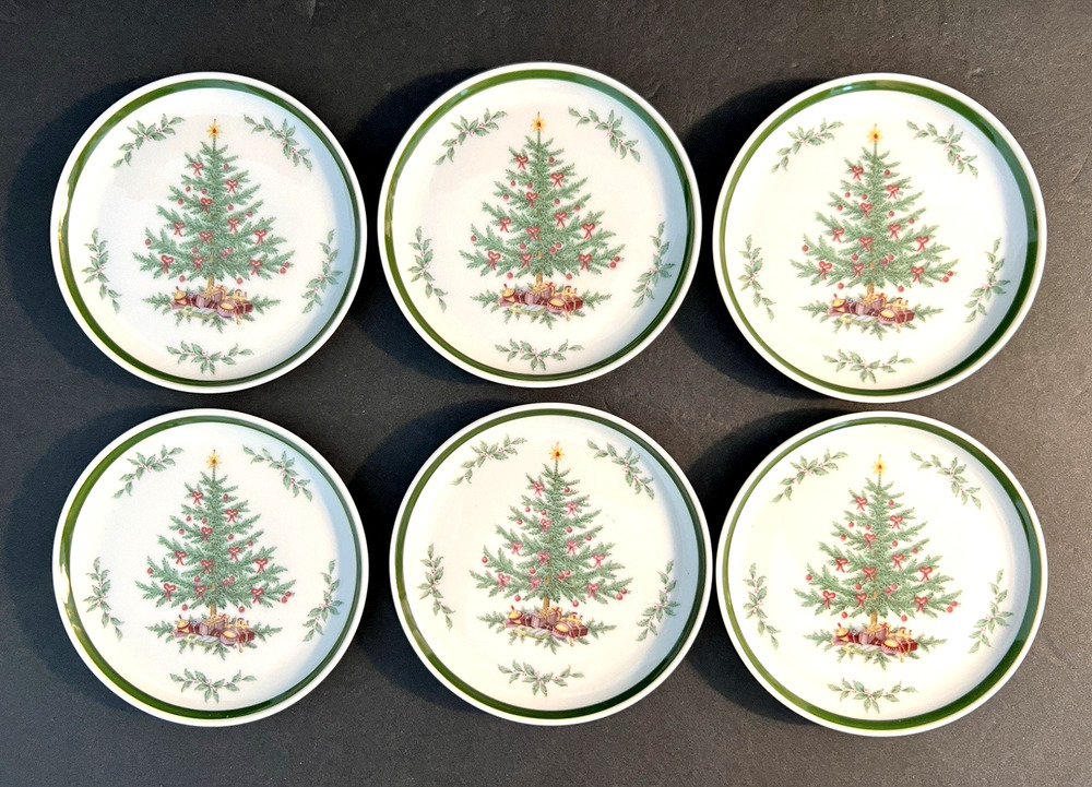AK Kaiser W Germany Set of 6 Christmas Tree & Holly 4" Plates Coasters Gold Trim